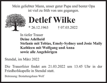 Traueranzeige von Detlef Wilke  von Magdeburger Volksstimme