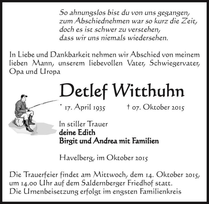  Traueranzeige für Detlef Witthuhn  vom 09.10.2015 aus Magdeburger Volksstimme