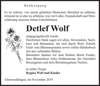 Traueranzeige von Detlef Wolf  von Magdeburger Volksstimme