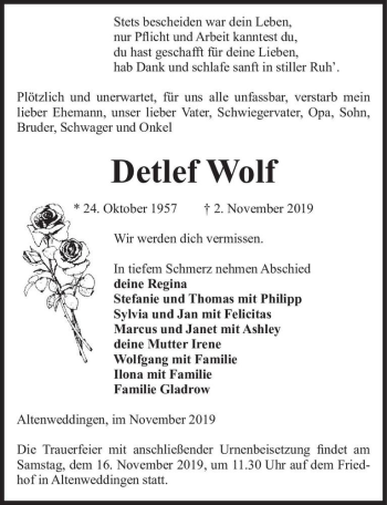 Traueranzeige von Detlef Wolf  von Magdeburger Volksstimme