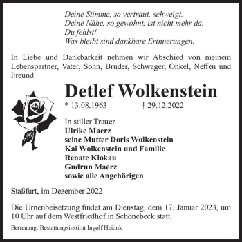 Traueranzeige von Detlef Wolkenstein  von Magdeburger Volksstimme