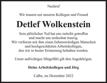 Traueranzeige von Detlef Wolkenstein  von Magdeburger Volksstimme