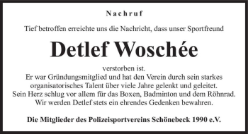 Traueranzeige von Detlef Woschée  von Magdeburger Volksstimme