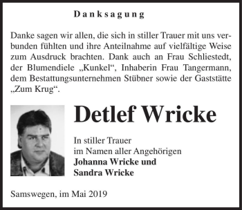 Traueranzeige von Detlef Wricke  von Magdeburger Volksstimme
