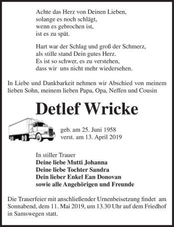 Traueranzeige von Detlef Wricke  von Magdeburger Volksstimme