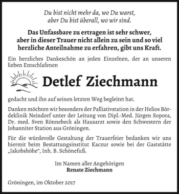 Traueranzeige von Detlef Ziechmann  von Magdeburger Volksstimme