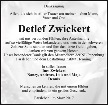 Traueranzeige von Detlef Zwickert  von Magdeburger Volksstimme