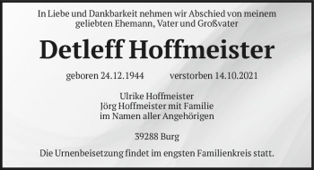 Traueranzeige von Detleff Hoffmeister  von Magdeburger Volksstimme
