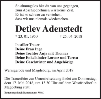 Traueranzeige von Detlev Adenstedt  von Magdeburger Volksstimme