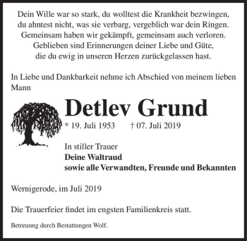 Traueranzeige von Detlev Grund  von Magdeburger Volksstimme