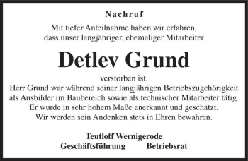 Traueranzeige von Detlev Grund  von Magdeburger Volksstimme