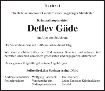 Traueranzeige von Detlev Gäde  von Magdeburger Volksstimme
