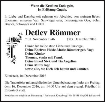 Traueranzeige von Detlev Römmer  von Magdeburger Volksstimme