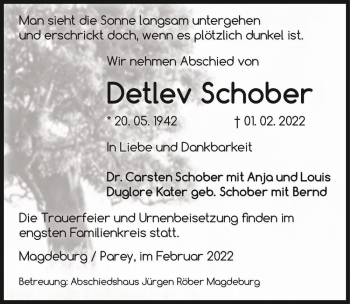 Traueranzeige von Detlev Schober  von Magdeburger Volksstimme