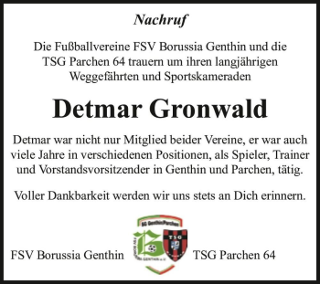 Traueranzeige von Detmar Gronwald  von Magdeburger Volksstimme