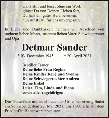 Traueranzeige von Detmar Sander  von Magdeburger Volksstimme
