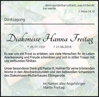 Traueranzeige von Diakonisse Hanna Freitag  von Magdeburger Volksstimme