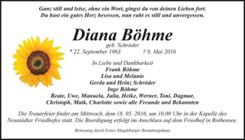 Traueranzeige von Diana Böhme (geb. Schröder)  von Magdeburger Volksstimme