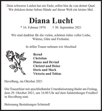 Traueranzeige von Diana Lucht  von Magdeburger Volksstimme