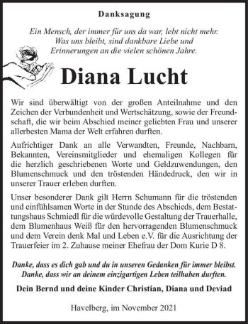 Traueranzeige von Diana Lucht  von Magdeburger Volksstimme