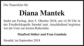 Traueranzeige von Diana Mantek  von Magdeburger Volksstimme