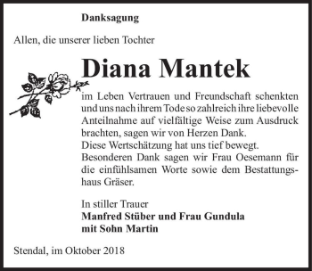 Traueranzeige von Diana Mantek  von Magdeburger Volksstimme