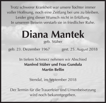 Traueranzeige von Diana Mantek (geb. Stüber)  von Magdeburger Volksstimme