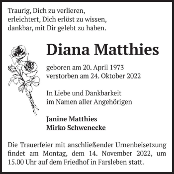 Traueranzeige von Diana Matthies  von Magdeburger Volksstimme