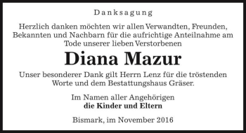 Traueranzeige von Diana Mazur  von Magdeburger Volksstimme
