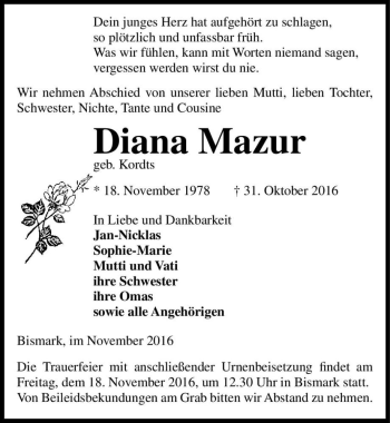 Traueranzeige von Diana Mazur (geb. Kordts)  von Magdeburger Volksstimme