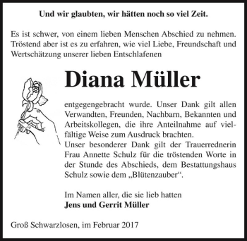 Traueranzeige von Diana Müller  von Magdeburger Volksstimme