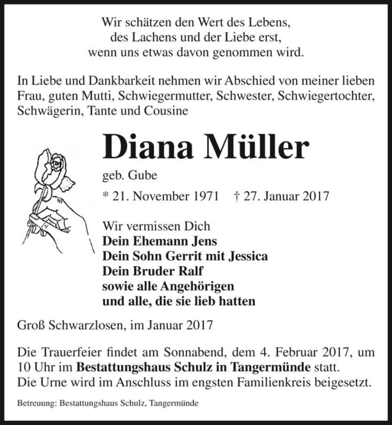  Traueranzeige für Diana Müller (geb. Gube)  vom 31.01.2017 aus Magdeburger Volksstimme