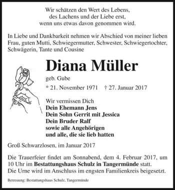 Traueranzeige von Diana Müller (geb. Gube)  von Magdeburger Volksstimme