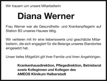 Traueranzeige von Diana Werner  von Magdeburger Volksstimme