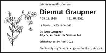 Traueranzeige von Diemut Graupner  von Magdeburger Volksstimme
