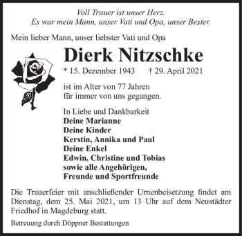 Traueranzeige von Dierk Nitzschke  von Magdeburger Volksstimme