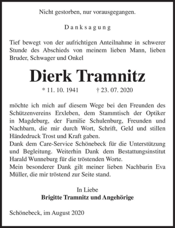 Traueranzeige von Dierk Tramnitz  von Magdeburger Volksstimme
