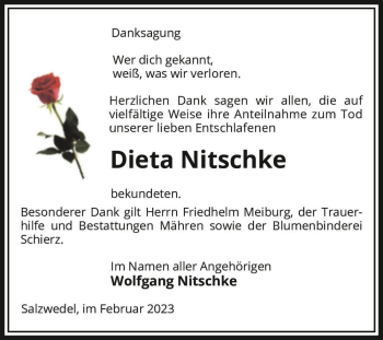 Traueranzeige von Dieta Nitschke  von Magdeburger Volksstimme