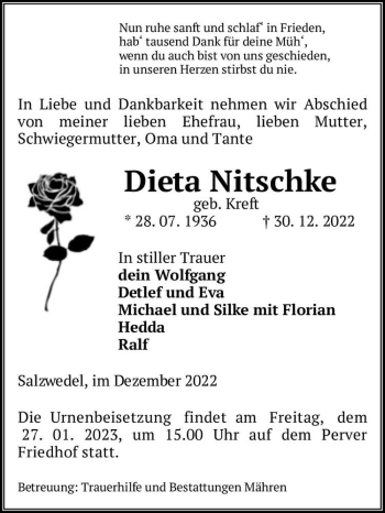 Traueranzeige von Dieta Nitschke (geb. Kreft)  von Magdeburger Volksstimme