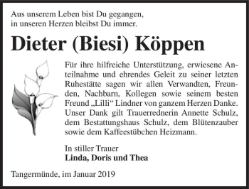 Traueranzeige von Dieter (Biesi) Köppen  von Magdeburger Volksstimme