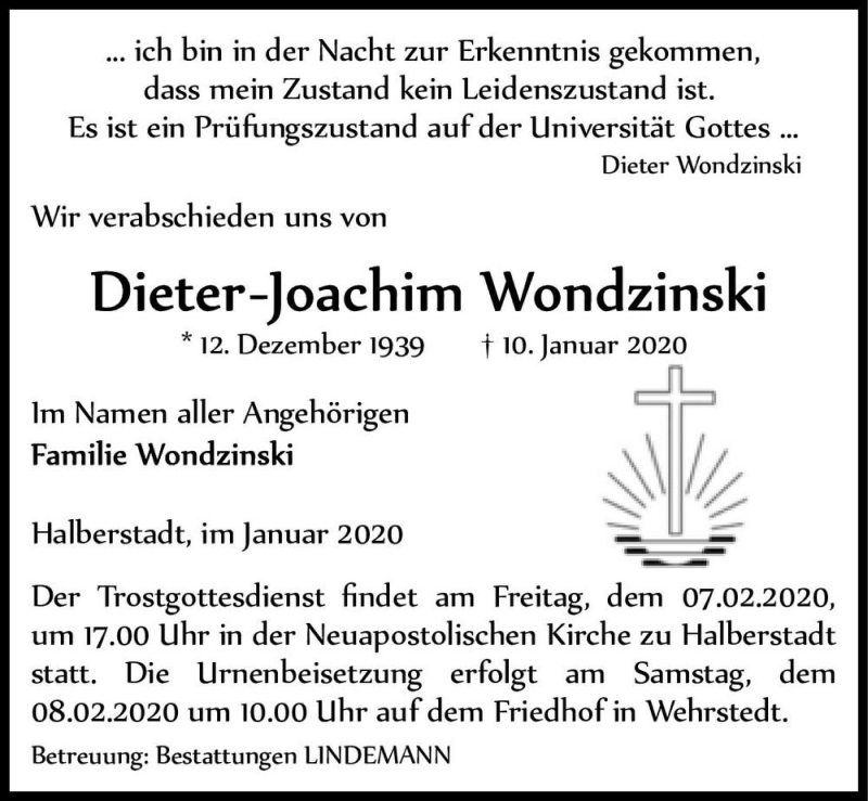  Traueranzeige für Dieter-Joachim Wondzinski  vom 18.01.2020 aus Magdeburger Volksstimme