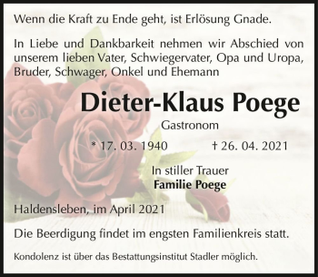 Traueranzeige von Dieter-Klaus Poege  von Magdeburger Volksstimme