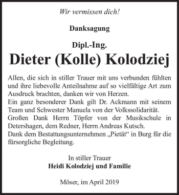 Traueranzeige von Dieter (Kolle) Kolodziej  von Magdeburger Volksstimme