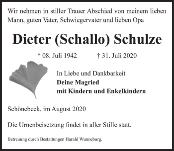 Traueranzeige von Dieter (Schallo) Schulze  von Magdeburger Volksstimme