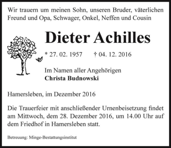 Traueranzeige von Dieter Achilles  von Magdeburger Volksstimme
