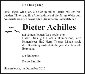 Traueranzeige von Dieter Achilles  von Magdeburger Volksstimme