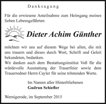 Traueranzeige von Dieter Achim Günther  von Magdeburger Volksstimme