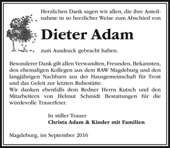 Traueranzeige von Dieter Adam  von Magdeburger Volksstimme