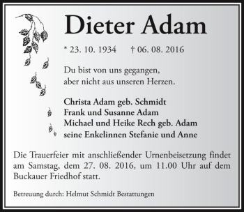 Traueranzeige von Dieter Adam  von Magdeburger Volksstimme