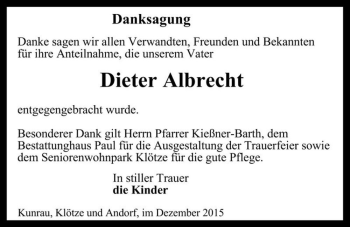 Traueranzeige von Dieter Albrecht  von Magdeburger Volksstimme